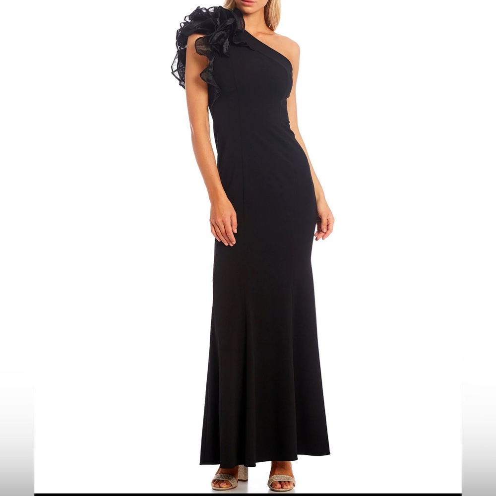 Aidan Mattox Black One-Shoulder Gown